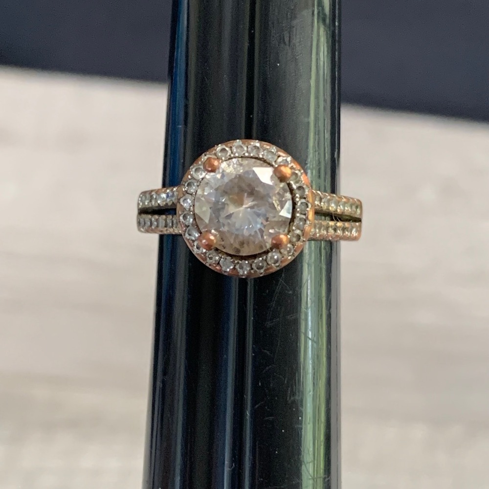 Rose Gold Tone Round Cut Halo Split Shank Pave Accent Ring Size 7.25